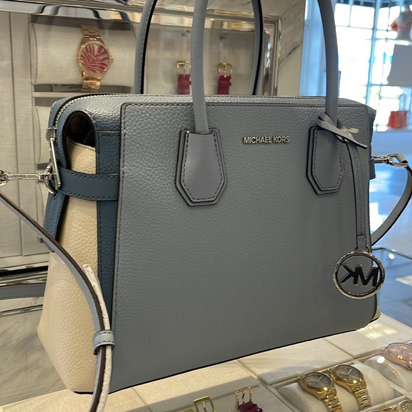 Michael Kors Mercer Medium Top Sip Color-Block Belted Satchel Crossbody Purse MK - Picture 3 of 16